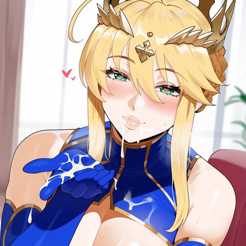 ai_generated artoria_pendragon_(lancer) blonde_hair blue_leotard braid breast crown curvy fate/stay_nigh fate_(series) green_eyes huge_breasts juuicyai large_breasts long_hair massive_breasts narrow_waist thick_thighs white_shirt wide_hips