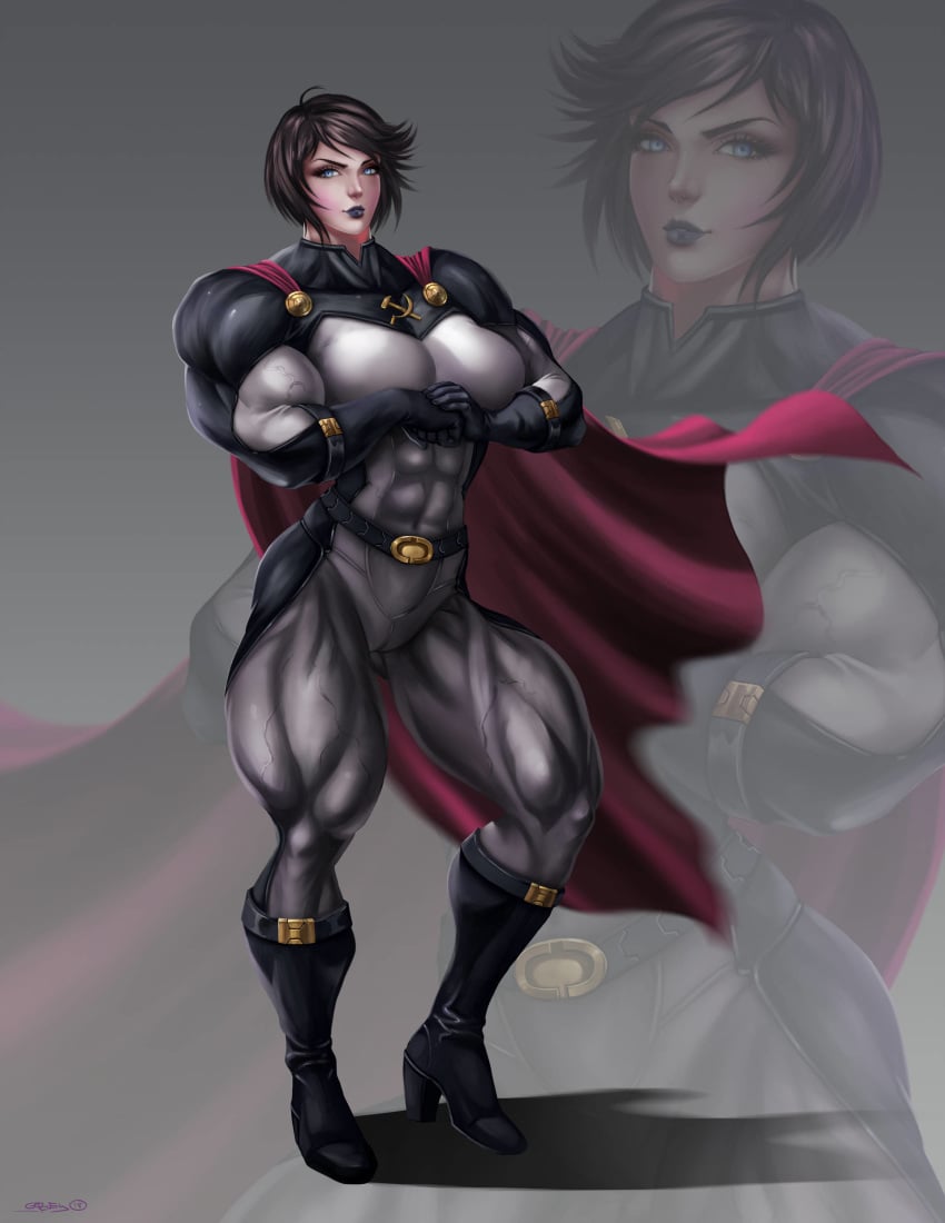 abs black_hair blue_eyes breasts cape communist extreme_muscles full_body gv-art hammer_and_sickle huge_breasts muscles muscular muscular_female soviet_superwoman veins veiny_muscles