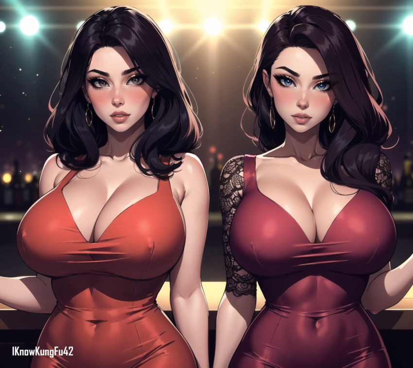 2girls ai_generated artist_name big_breasts black_hair blue_eyes blush breasts brown_eyes cleavage clothed clothing dress earrings eyelashes female female_human female_only hourglass_figure human iknowkungfu42 large_breasts light-skinned_female light_skin lips long_hair looking_at_viewer multiple_girls original original_character parted_lips seductive skin_tight tight_clothing wavy_hair