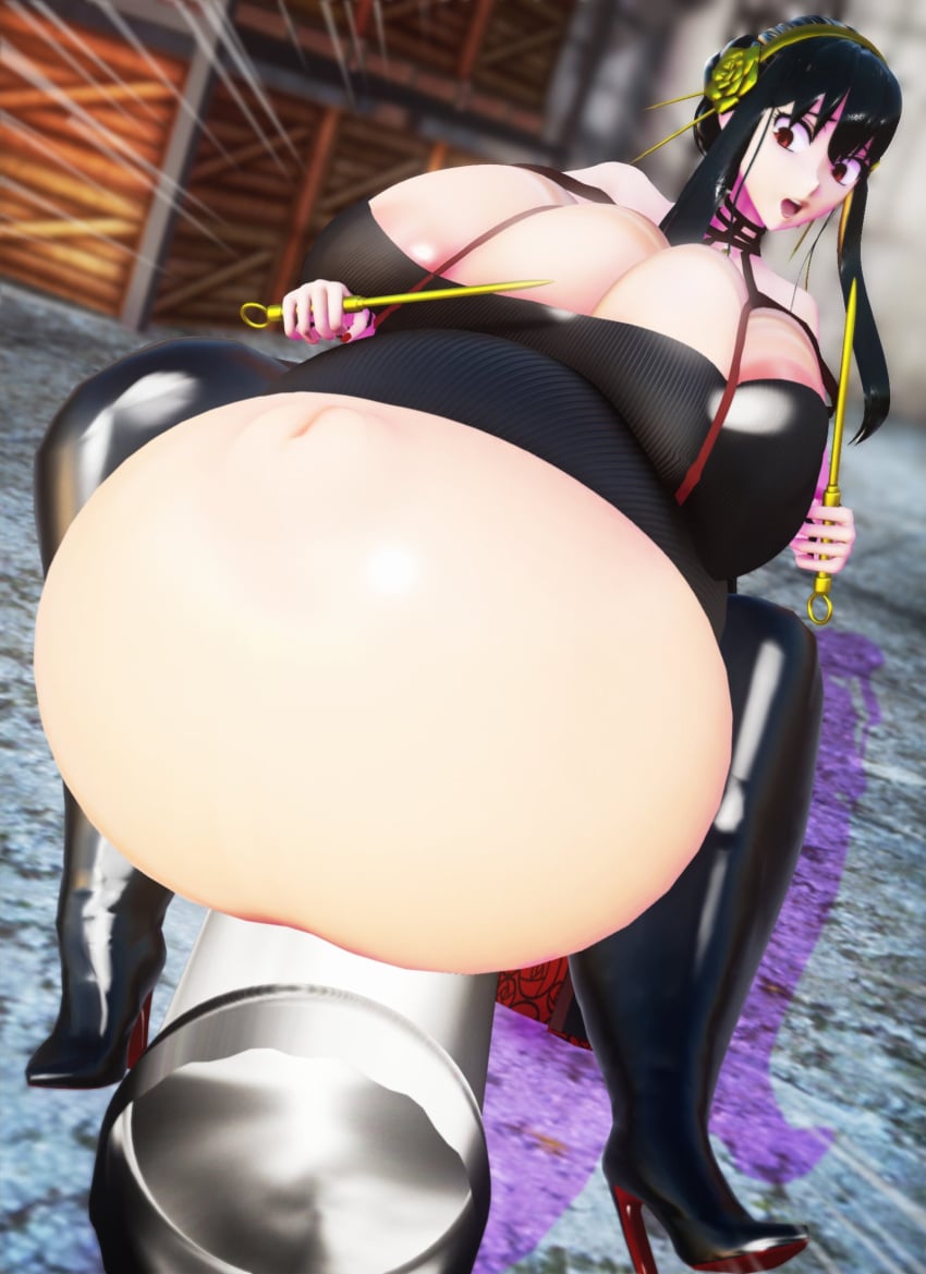 1girls belly belly_expansion big_breasts breast_expansion cg clothed female huge_breasts hyper hyper_belly imbapovi inflation massive_belly massive_breasts render spy_x_family yor_briar yor_forger