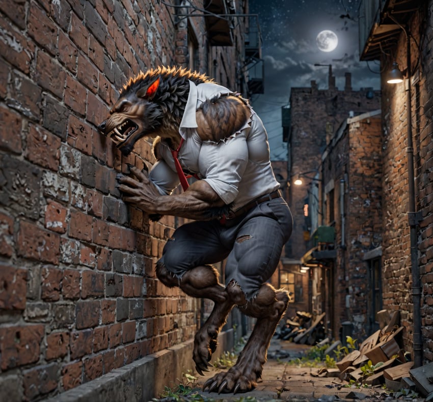 ai_generated alley alleyway canine clothed cum full_moon gay growing knot male male_only muscular_male realistic ripped_clothing solo transformation werewolf wolf