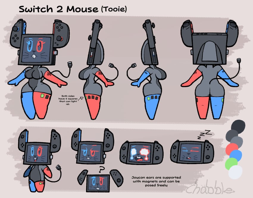 chabble joycon_controller mouse mouse_girl nintendo nintendo_switch nintendo_switch_2 oc original_character reference_sheet robot robot_girl screen_face switch_2_mouse tail