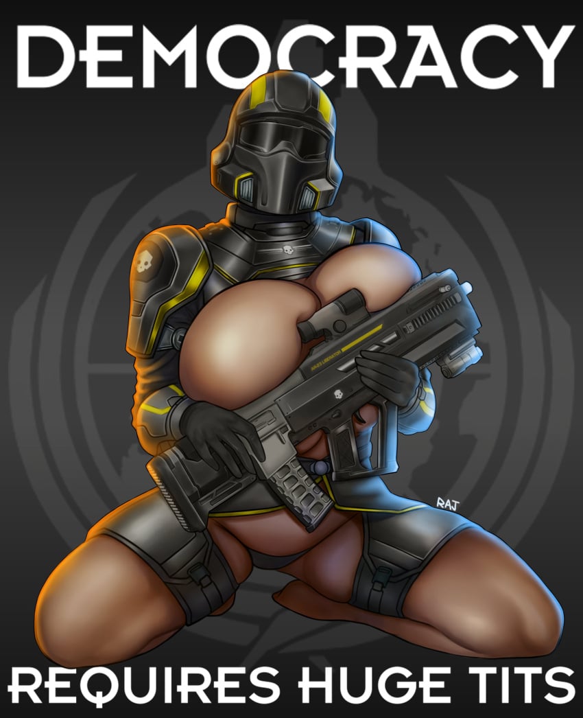 1girl 1girls democracy female gun helldiver_(helldivers) helldivers helldivers_2 huge_breasts large_breasts propaganda rajangnsfw tagme