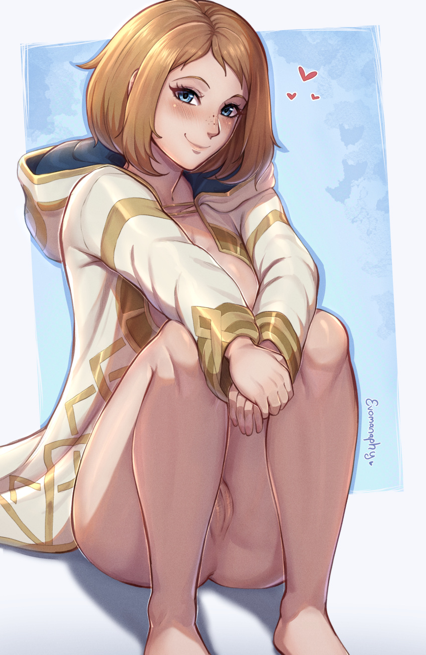 1girls bad_source bare_legs barefoot blue_eyes bottomless breasts brown_hair coat evomanaphy female fire_emblem fire_emblem_heroes freckles kiran_(fire_emblem) kiran_(fire_emblem)_(female) legs looking_at_viewer medium_breasts naked_coat nintendo nude nude_female pussy short_hair smile