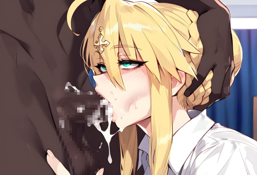 ai_generated artist_name artoria_pendragon artoria_pendragon_(lancer) blonde_hair censored cum cum_in_mouth dark-skinned_male dark_skin fate/grand_order fate_(series) huge_breasts light-skinned_female light_skin milory pushing_head