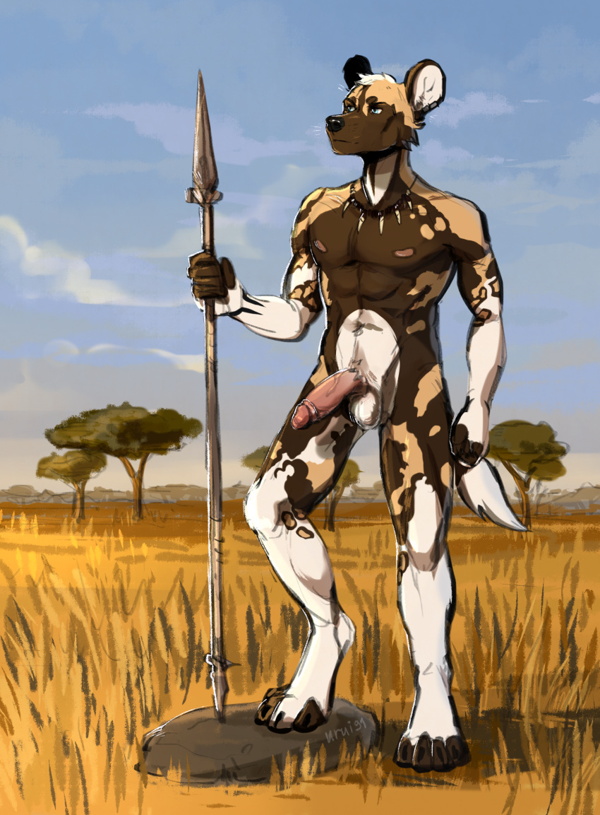 absurd_res african_wild_dog balls blue_eyes brown_body brown_fur canid canine casual_nudity ear_piercing fur furry genitals grass hi_res holding_object holding_spear holding_weapon humanoid_genitalia humanoid_penis jaden_ribery jewelry male male_focus male_only mammal melee_weapon necklace nipples nude outside paws penis piercing plant polearm rock savanna sky solo solo_male spear standing tail tree tribal tribal_jewelry tribal_necklace urui91 weapon white_body white_fur