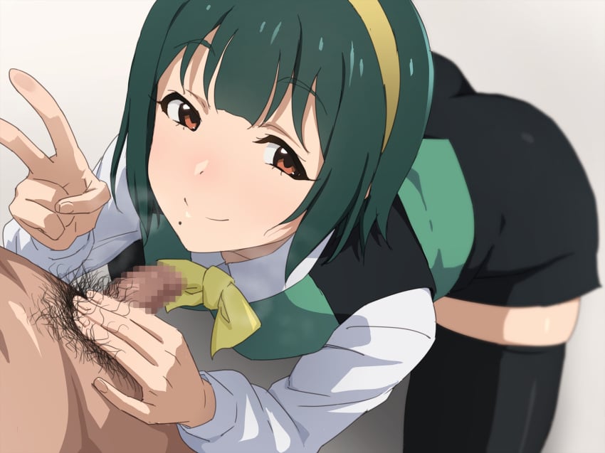 1boy black_pubic_hair black_skirt black_thighhighs bow bowtie censored closed_mouth clothed_female_nude_male commentary_request female green_hair hairband highres idolmaster idolmaster_(classic) long_sleeves looking_at_viewer male_pubic_hair mole mole_under_mouth mosaic_censoring nude otonashi_kotori penis pubic_hair red_eyes short_hair skirt small_penis small_penis_adoration smile tedain thighhighs v white_sleeves yellow_bow yellow_bowtie yellow_hairband zettai_ryouiki