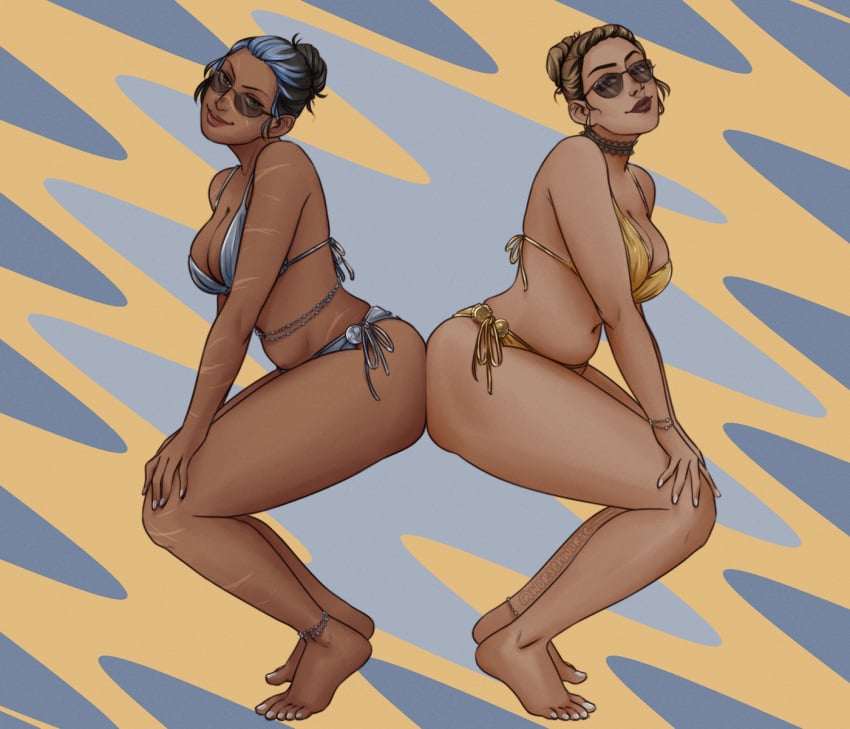 ass ass_focus ass_to_ass barefoot big_breasts bikini dark-skinned_female dark_skin dead_by_daylight dyed_hair haddie_kaur hair_bun jane_romero jewelry latina southeast_asian squatting sunglasses sunglasses_on_head two_girls worsenworse