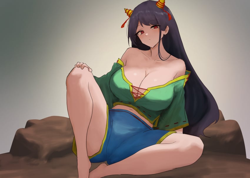 1girls 2d bare_shoulders barefoot big_breasts black_hair blush breasts cleavage clothed clothed_female female long_hair looking_at_viewer moriforest1040 nippaku_zanmu oni oni_female oni_horns red_eyes shorts sitting solo source topwear touhou