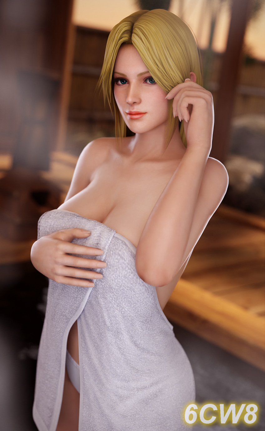 1girls 3d 3d_(artwork) 3d_model 6cw8 blonde_female blonde_hair blonde_hair_female blue_eyes cleavage dead_or_alive fighting_game french_female helena_douglas human large_breasts light-skinned_female light_skin looking_at_viewer panties towel video_game_character video_game_franchise white_panties