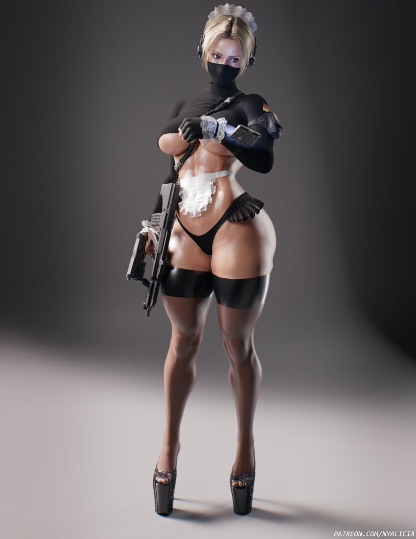 big_breasts breasts clothing dat_ass enmaided female firearm german germany gun human iq_(rainbow_six) maid maid_headdress maid_outfit maid_uniform monika_weiss nyalicia pale_skin pistol polizei rainbow_six rainbow_six_siege rifle tactical_gear underboob weapon