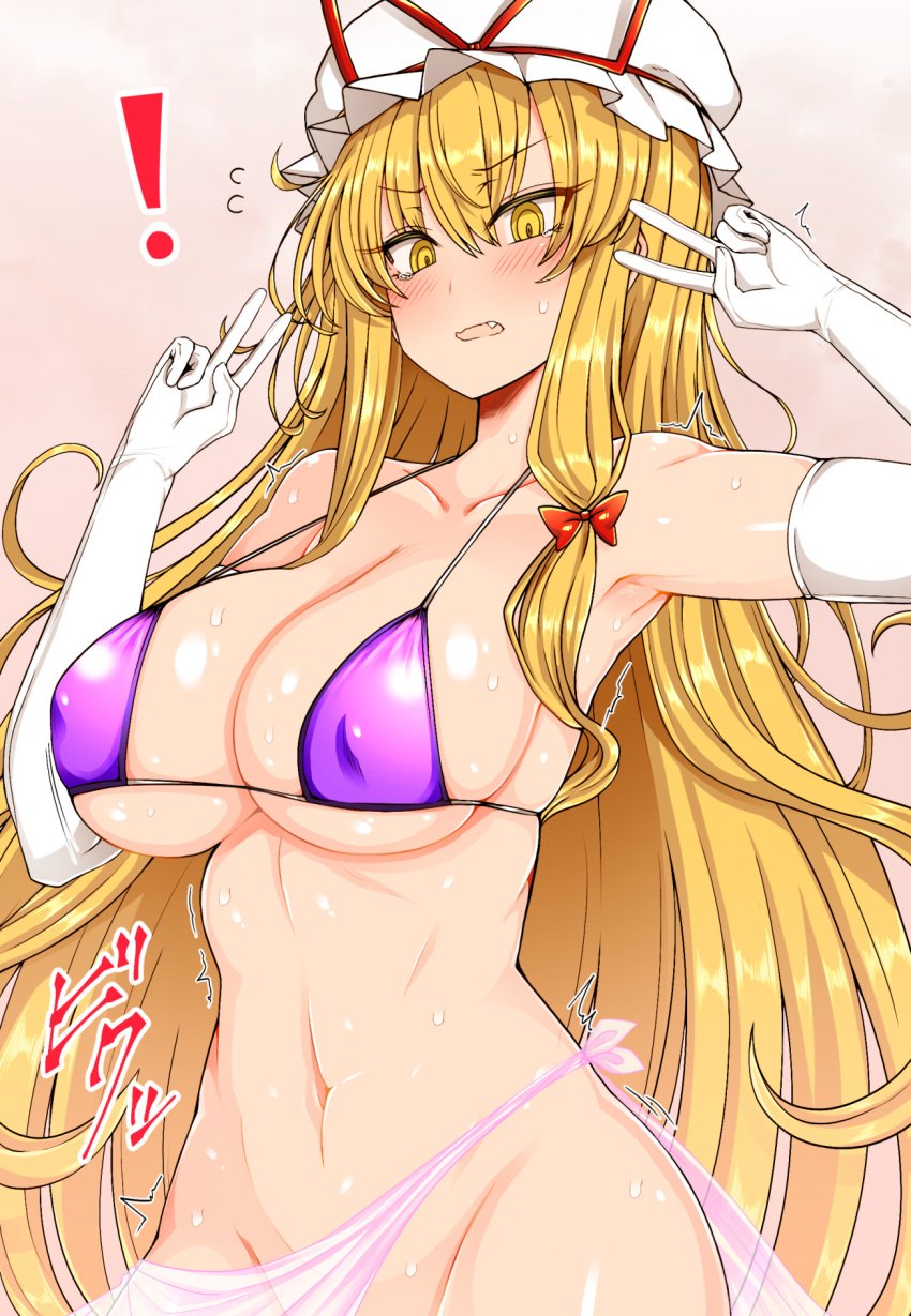 armpits bare_shoulders bikini bikini_top_only blonde_hair blush bow breasts collarbone covered_erect_nipples cowboy_shot double_v elbow_gloves female gloves groin hair_between_eyes hair_ribbon hairbow hands_up hat hat_ribbon highres large_breasts long_hair looking_at_viewer midriff mob_cap navel no_panties oerba_yun_fang purple_bikini red_bow ribbon roki_(hirokix) sarong shiny_skin sidelocks skindentation solo standing stomach strap_gap sweat swimsuit touhou trembling tress_ribbon underboob v very_long_hair white_gloves white_headwear yakumo_yukari yellow_eyes yukari_yakumo