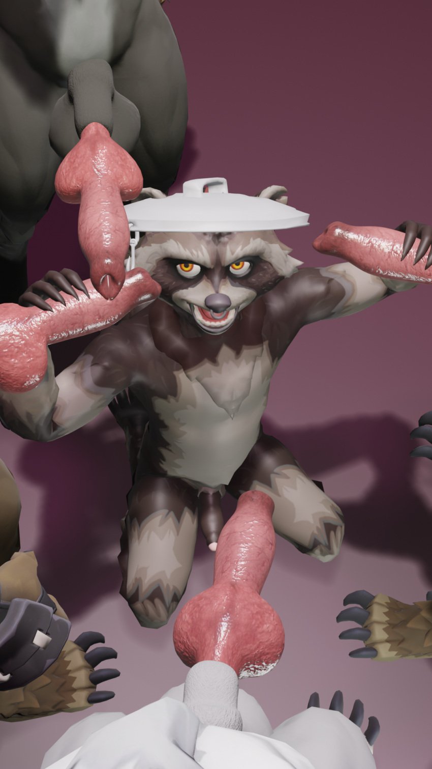 3d anatomically_correct anatomically_correct_genitalia anthro anthro_only anus brown_body brown_fur canid canine claws dark_body dark_fur dire_(fortnite) epic_games facial_piercing feral fortnite fur furry gay genitals group hi_res holding_penis human male male/male mammal mythological_canine mythological_creature mythology nude orange_eyes pat3awelitas300 penis piercing procyonid raccoon rufus_(fortnite) simple_background toe_claws were werecanid werecanine werewolf white_body white_fur yellow_eyes