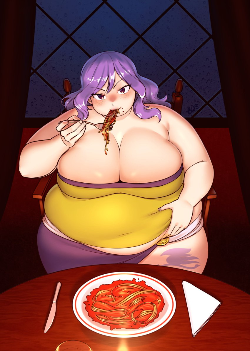 bbw belly_grab better_with_salt big_breasts cleavage date eating fairy_tail fat fat_woman grabbing_belly holding_belly juvia_lockser looking_at_viewer morbidly_obese morbidly_obese_female obese obese_female overweight overweight_female pov