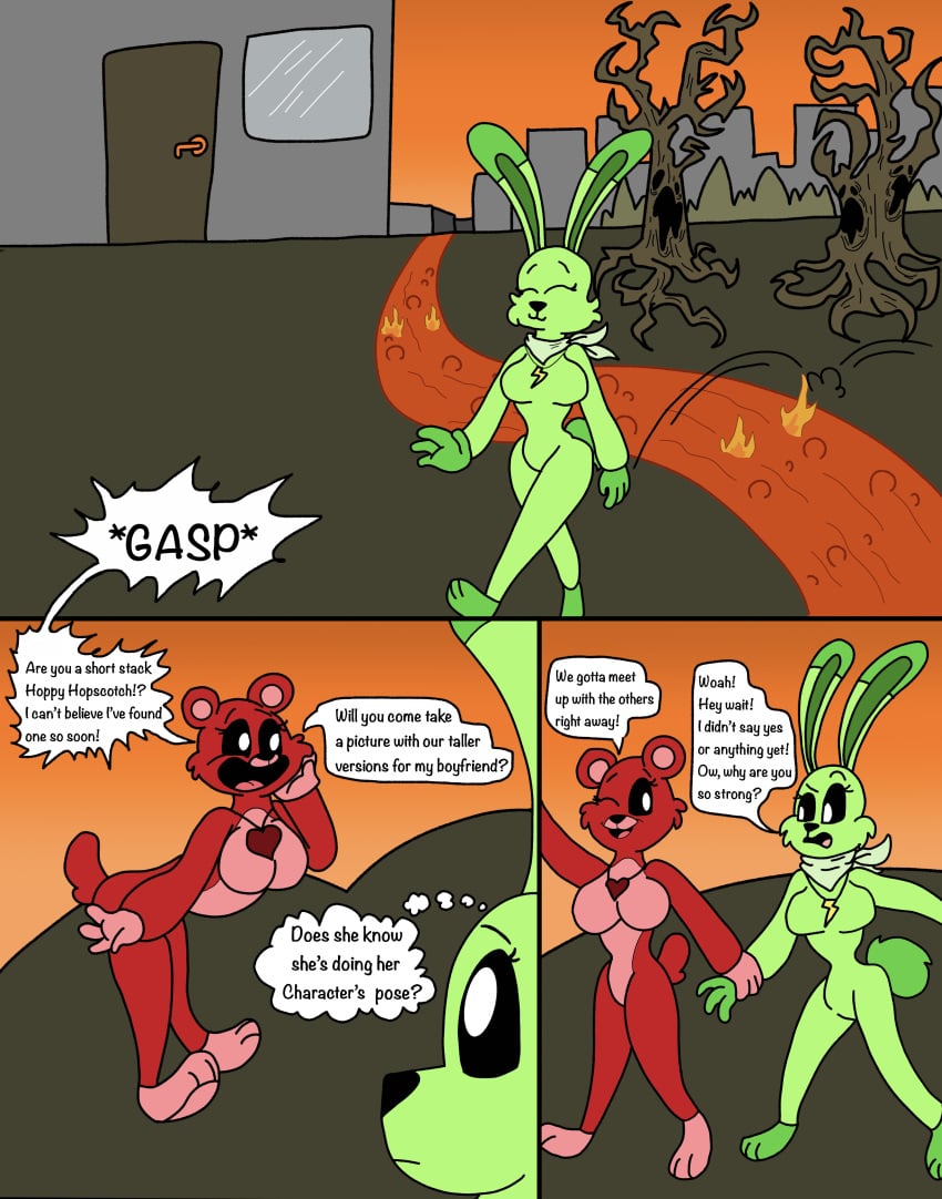 anthro anthro_on_anthro anthro_only bear bobby_bearhug bunny comic comic_page comic_panel critters_(poppy_playtime) domestic_rabbit furry_only green_body green_fur green_skin guilrel hoppy_hopscotch hoppy_hopscotch_(poppy_playtime) luxioboi22 no_humans pink_belly poppy_playtime poppy_playtime_(chapter_3) rabbit red_body red_fur red_skin sex smiling_critters tagme