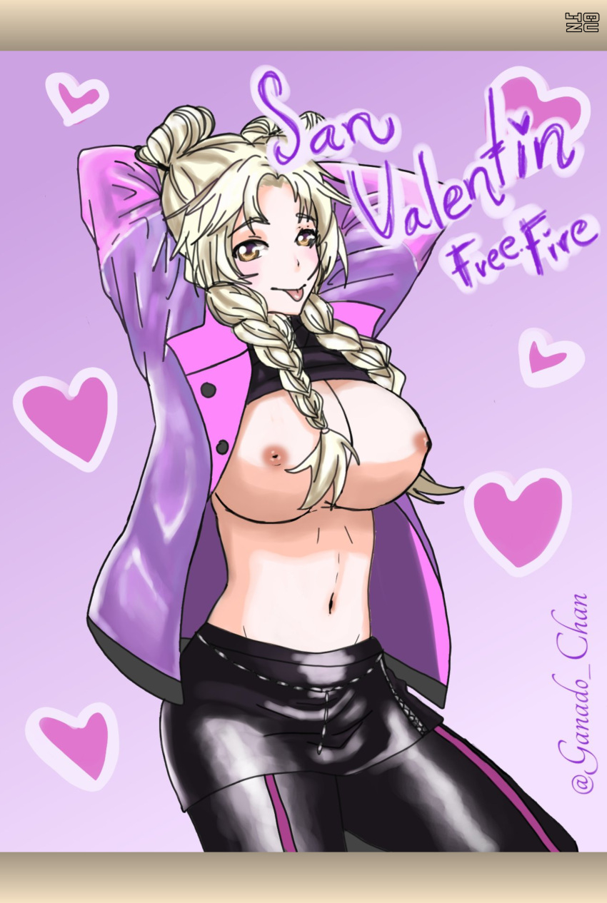 1girls 2024 artist_name big_breasts blonde_hair clothing comic female free_fire ganado_chan garena looking_at_viewer magazine nipples page_40 page_number pink_nipples solo solo_female valentine's_day zzero_club