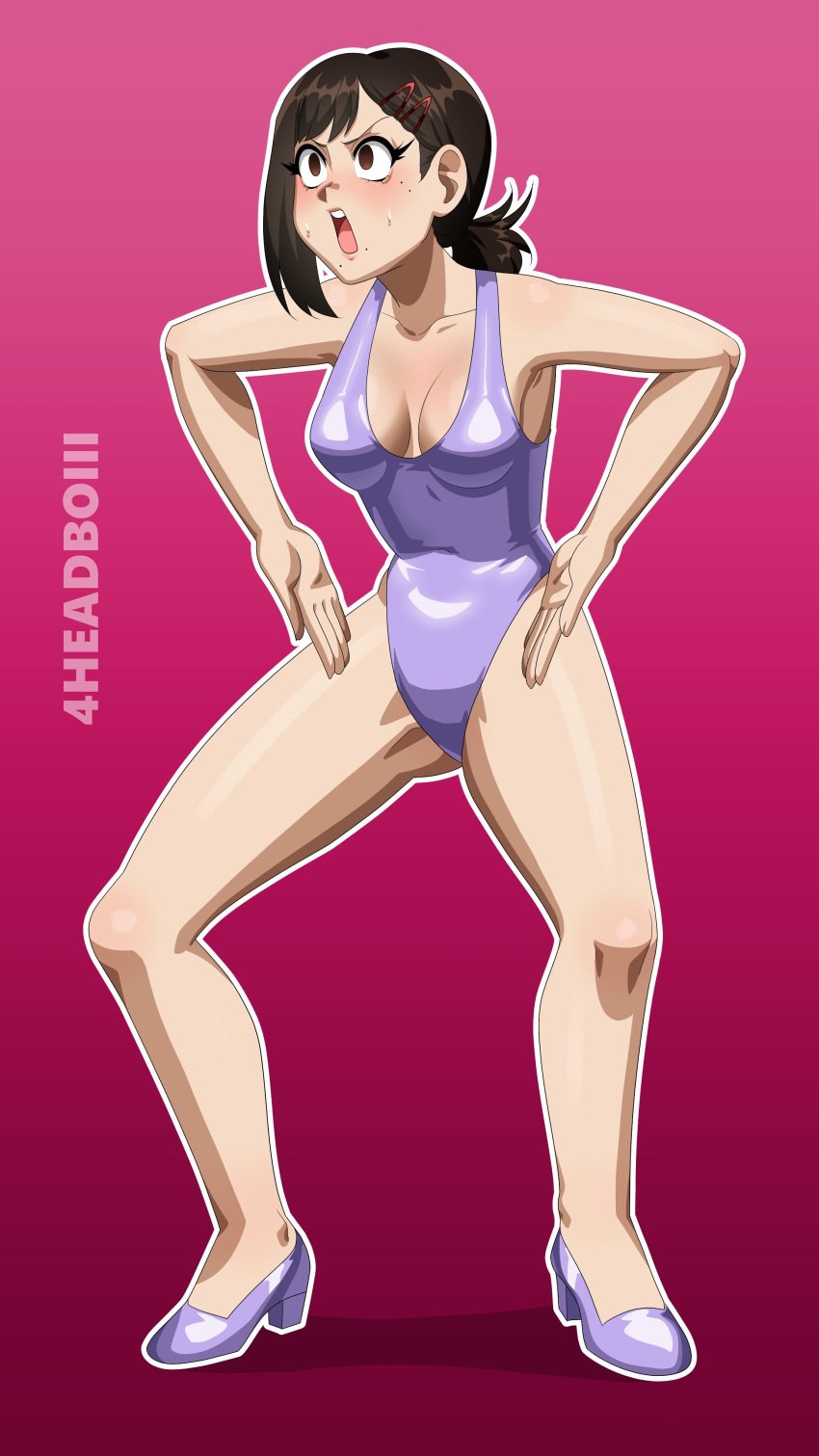 4headboiii absurdres bare_legs blush body_control brainwashing brown_hair chainsaw_man collarbone empty_eyes female_only femsub gradient_background haigure hairpin higashiyama_kobeni high_heels hypnosis long_hair mind_control one-piece_swimsuit open_mouth ponytail simple_background squatting standing sweat swimsuit