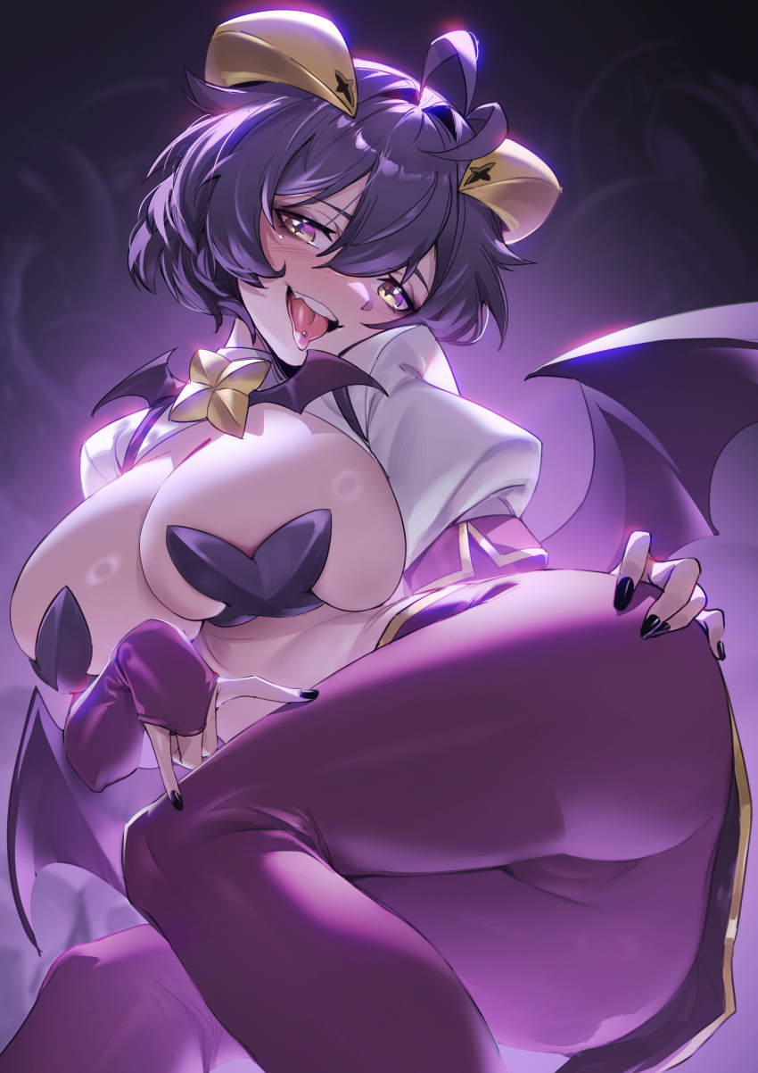 1girls black_nails breasts cameltoe demon_horns demon_wings hiiragi_utena large_breasts magia_baiser mahou_shoujo_ni_akogarete nail_polish pasties piercing tight_clothes tight_clothing tight_pants tongue tongue_out tongue_piercing tupiao_shaonu