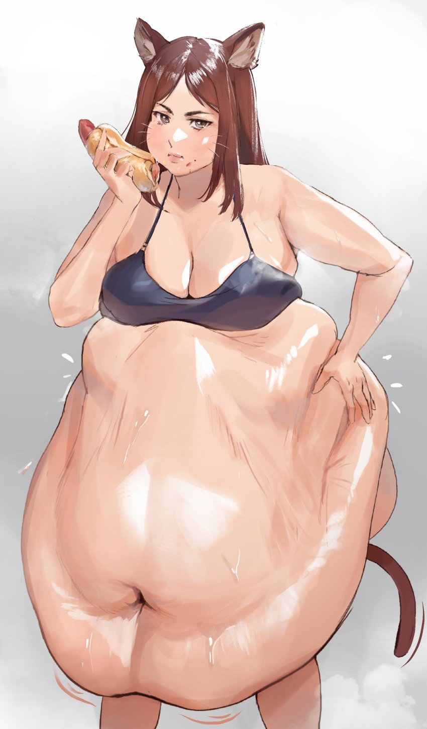 1girls bamboo_ale catgirl eating fat_rolls hanging_belly hotdog huge_belly yeoubul