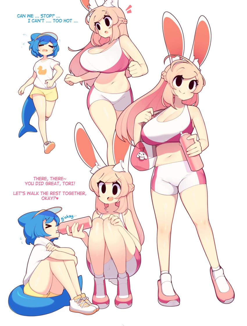 2girls big_breasts black_eyes blue_hair bunny_ears bunny_girl female female_only fiz fizintine hi_res kemonomimi long_hair original pink_hair shark_girl shark_tail tail tori_(fizintine) very_high_resolution white_background wholesome workout_clothes