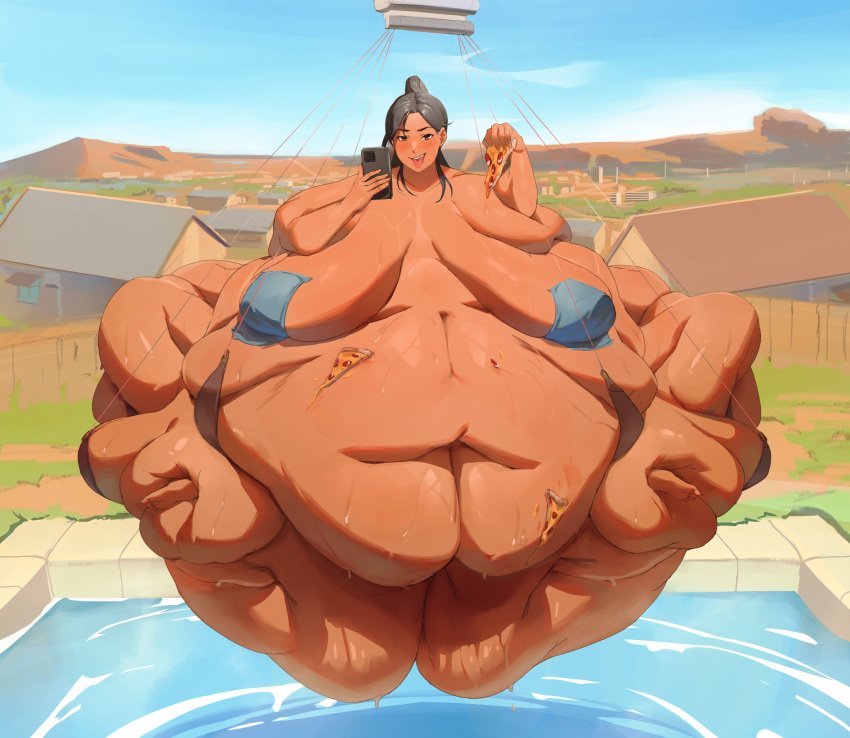 1girls bamboo_ale belly bikini black_hair breasts fat_rolls gigantic_belly hammock hanging huge_belly huge_breasts huge_thighs kiari_(yeoubul) morbidly_obese morbiusly_a_beast phone pizza pool saggy_breasts ssbbw sweating tan_body thighs ussbbw yeoubul