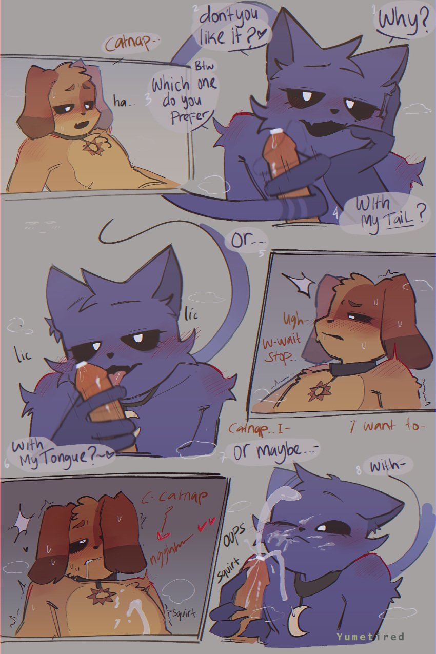 2boys anthro anthro_on_anthro anthro_only ass blush canine cat cat_ears cat_tail catboy catnap catnap_(poppy_playtime) comic critters_(poppy_playtime) cum cum_on_face dialogue dialogue_box dog dog_boy dog_ears dog_tail dogday dogday_(poppy_playtime) doggy domestic_cat domestic_dog erect_penis erection feline fur furry furry_only gay handjob licking_penis looking_at_partner male male/male male_only no_humans orange_fur orange_skin penis poppy_playtime poppy_playtime_(chapter_3) purple_body purple_fur purple_skin sex smiling_critters tagme tail text thick_hips thick_thighs thighs tongue tongue_out yumetired