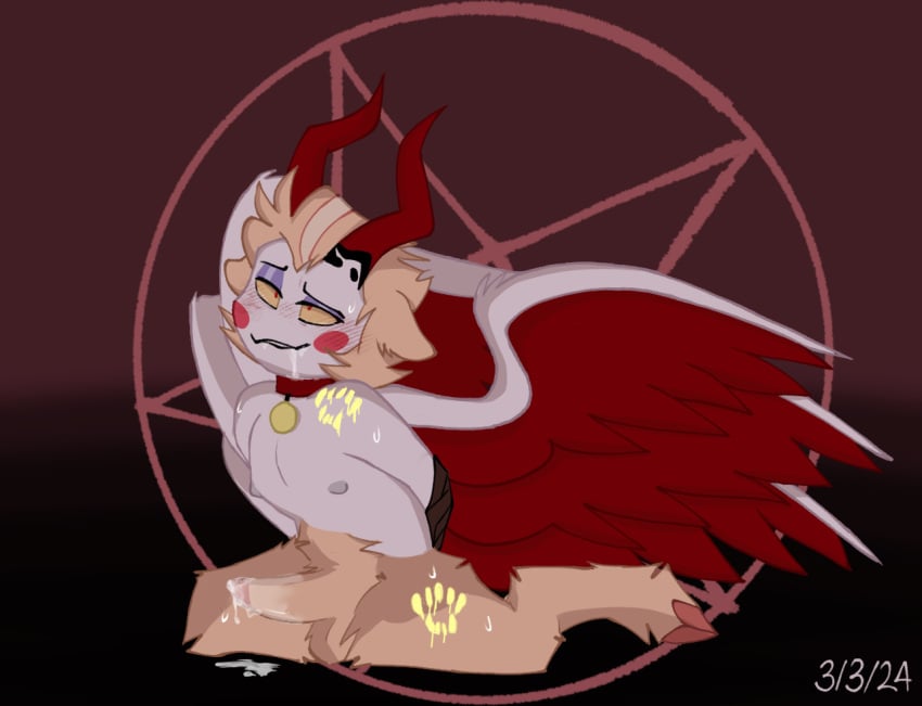 aftermath bitemarks blush_lines cum_drip demonic goat_ears goat_legs hazbin_hotel looking_pleasured looking_up lucifer_morningstar_(hazbin_hotel) pentagram pok_(artist) vivienne_medrano vivziepop wings