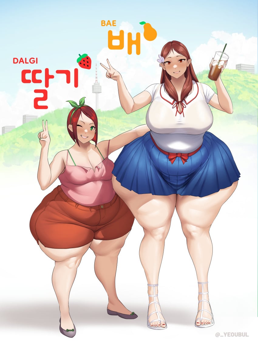 2girls asian asian_female bae_(toroboro) barefoot bbw belly big_belly big_breasts bottom_heavy breasts dalgi_(toroboro) drink fat_rolls multiple_girls obese skirt yeoubul