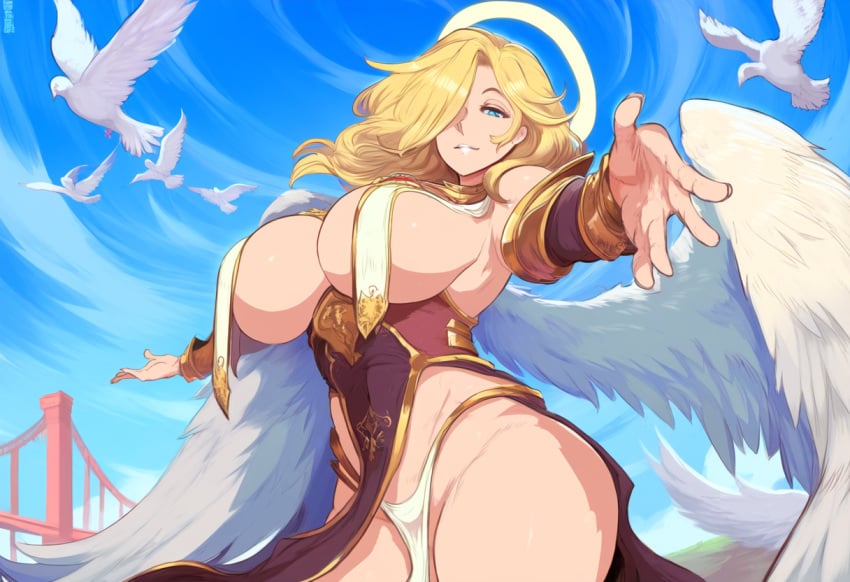 ai_generated angel angel_girl angel_wings blonde_hair blue_eyes breast_curtains divine_slut dove female heaven huge_breasts looking_at_viewer mature_female novelai original pelvic_curtain welcoming