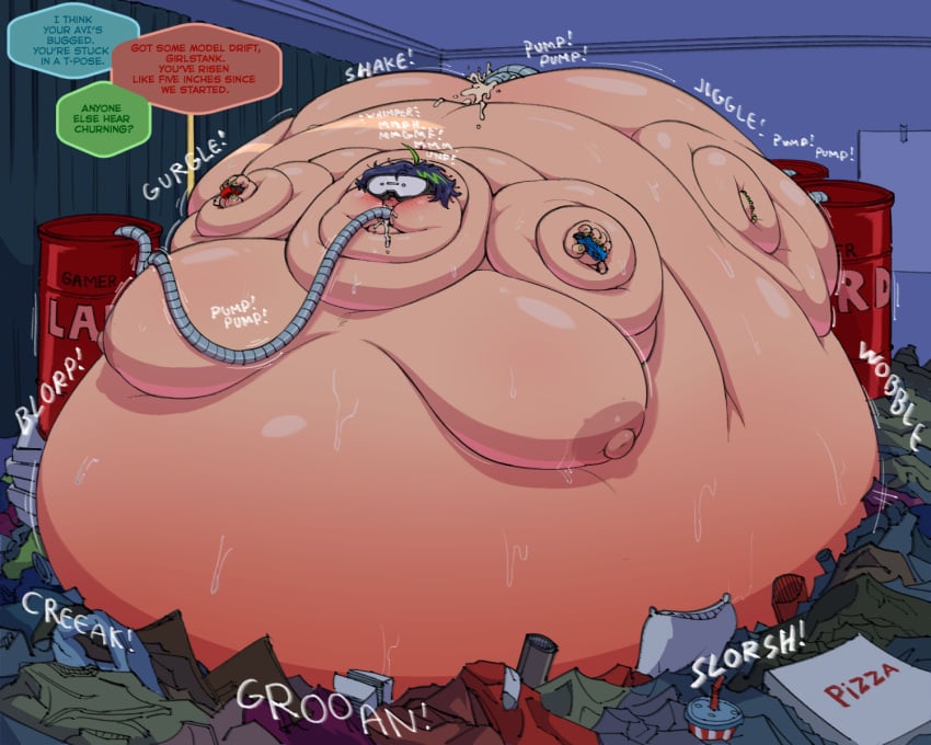 hose hose_inflation hyper_fat immobile morbidly_obese onomatopoeia overweight tagme tagme_(artist) vr_headset