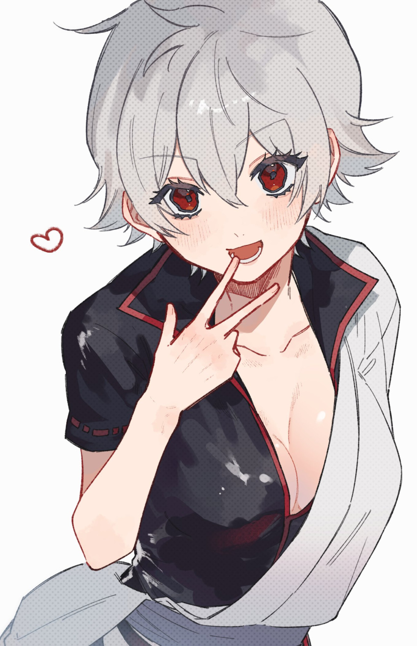 big_breasts blush canon_genderswap cleavage female female_only fully_clothed genderswap_(mtf) ginko_sakata gintama gintoki_sakata hadanugi_dousa japanese_clothes kimono kobakura27_g looking_at_viewer popped_collar red_eyes rule_63 short_hair smile solo v very_short_hair white_hair