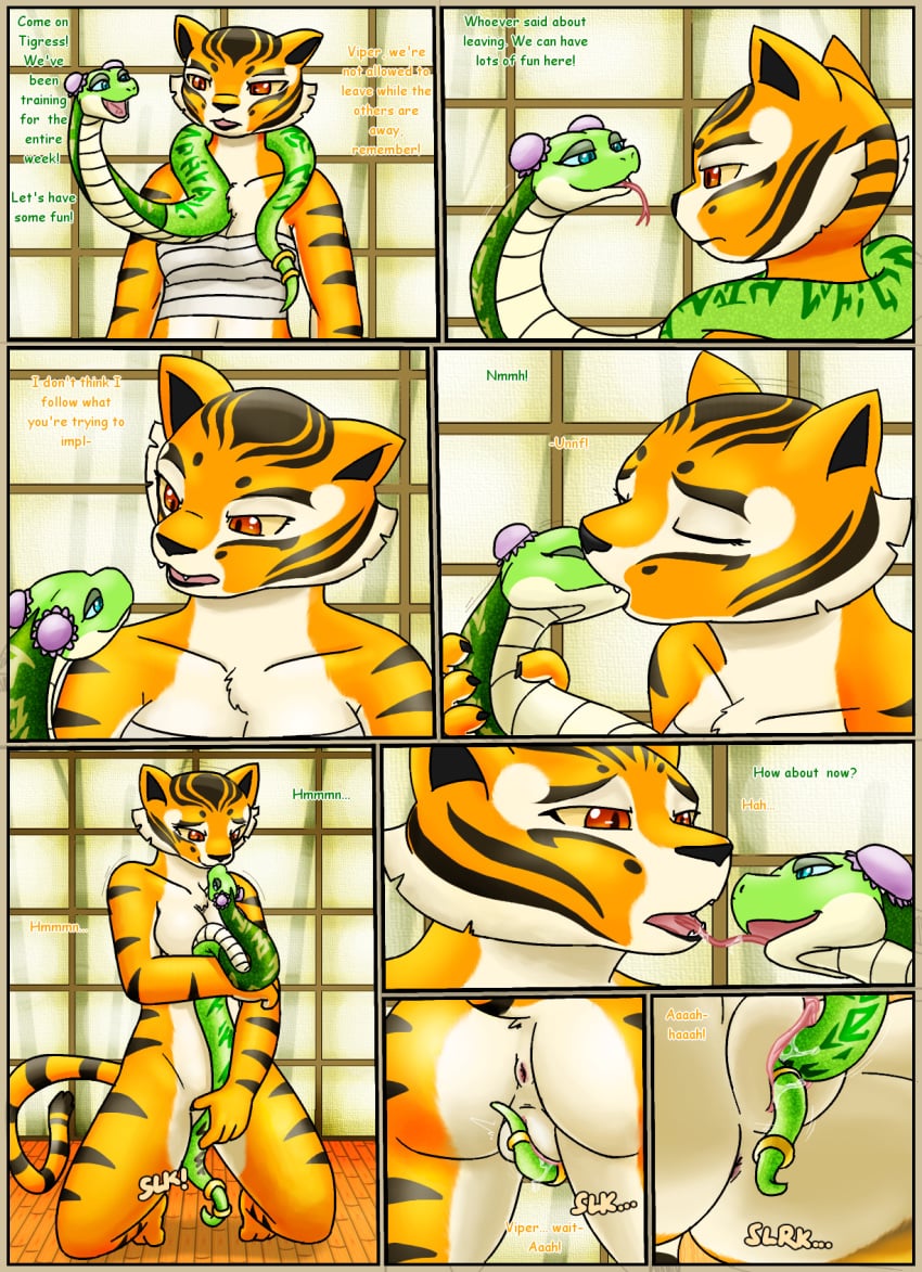 anthro breasts comic dreamworks duo english_text felid female female/female french_kissing half-closed_eyes hi_res kissing kung_fu_panda livinlovindude mammal master_tigress master_viper open_mouth pantherine pussy reptile scalie size_difference snake text tiger viper_(species) yuri