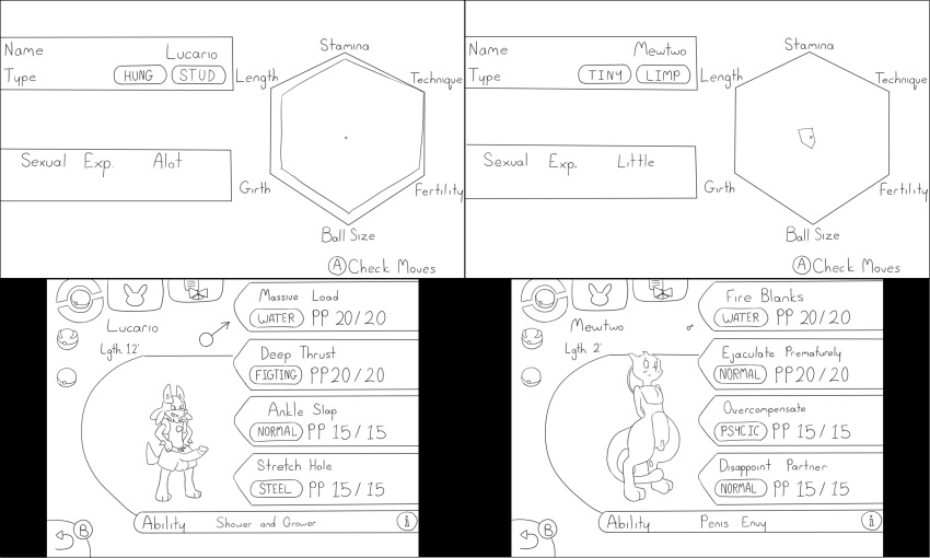 2boys anthro big_penis blush canid canine dialogue english_text erection feline furry hi_res hud humanoid_penis humiliation legendary_pokémon lucario male male_only mammal mewtwo mintyskin nintendo nude penis pokemon pokemon_(species) pokemon_dppt pokemon_rgby simple_background small_penis small_penis_humiliation smile stats testicles text video_games