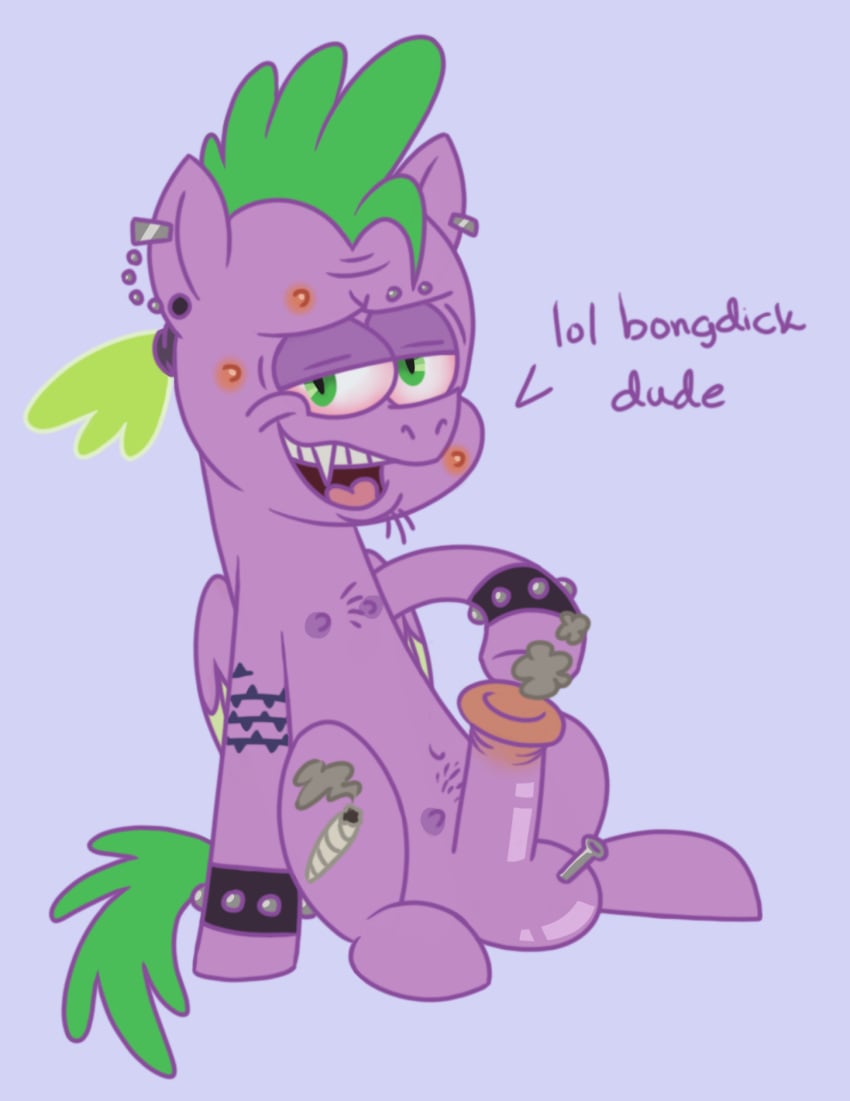 1boy 2019 acne balls bong drugs english_text erection fangs friendship_is_magic fur green_hair hair half-closed_eyes hi_res hotdiggedydemon humor itoruna looking_at_viewer male male_only my_little_pony open_mouth purple_fur smile smooth_skin solo spike_(mlp) spiked_bracelet text