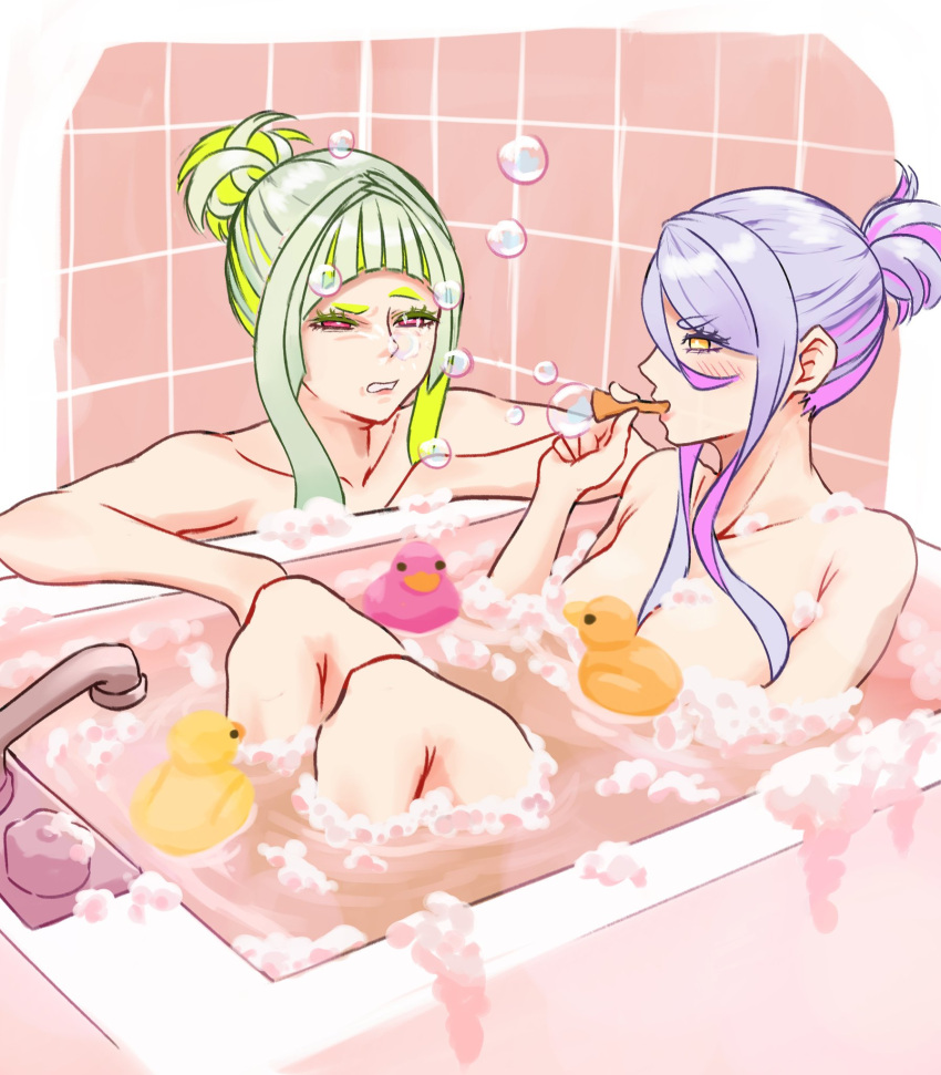 2girls andrich_galam bare_shoulders bathing bathroom bathtub bubble bubble_blowing bubble_pipe colored_eyelashes faucet figue figue_(soul_hackers_2) frown green_hair hair_bun highres knees_up multicolored_hair multiple_girls nude orange_eyes purple_hair ringo_(soul_hackers) rubber_duck short_hair_with_long_locks soap soap_bubbles soul_hackers_2 squinting tile_wall tiles two-tone_hair