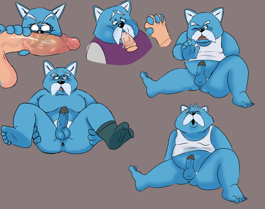 2024 anthro balls blue_body canid canine canis clothing denki404 domestic_dog dragon_ball erection eyewear facial_hair gay genitals glasses hi_res humanoid_hands king_furry male male/male mammal moustache one_eye_closed oral penis shirt simple_background sitting slightly_chubby solo topwear