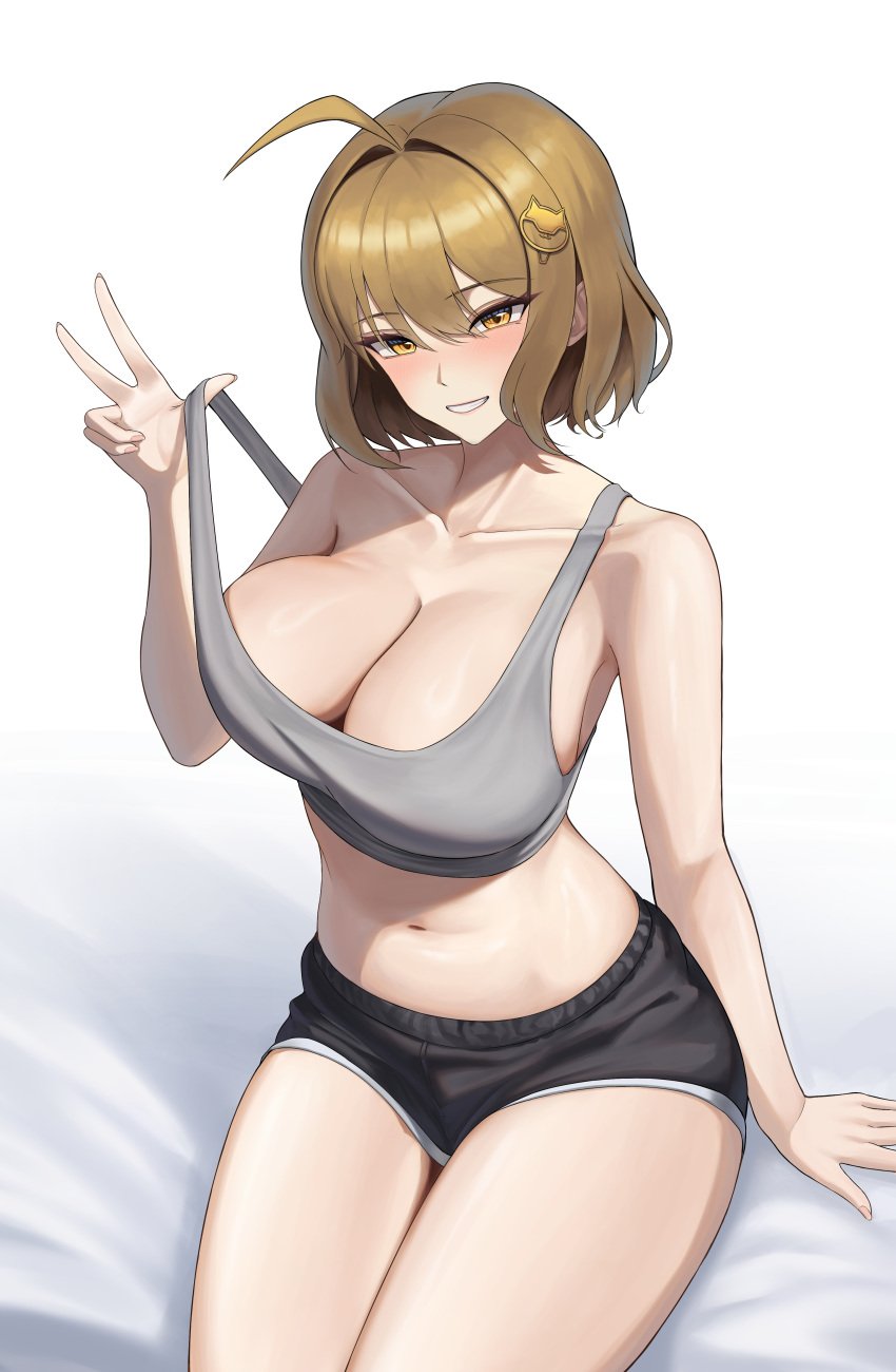 1girls absurdres ahoge anis_(nikke) bare_arms bare_shoulders black_shorts bodam breasts brown_eyes brown_hair cleavage collarbone commentary crop_top female goddess_of_victory:_nikke grey_sports_bra hair_ornament hairpin highres large_breasts looking_at_viewer navel on_bed pulled_by_self short_hair short_shorts shorts simple_background sitting smile solo sports_bra stomach strap_pull thick_thighs thighs w white_background yellow_eyes