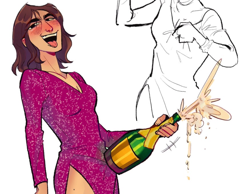 1girls bottle brown_hair champagne_bottle dress glitter inside_job masculine noidontgetthis open_mouth purple_dress reagan_ridley sexually_suggestive solo tongue_out white_background