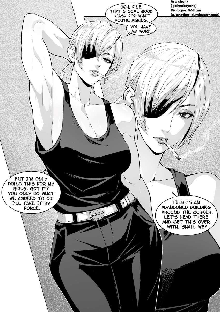 arm_behind_head armpits chainsaw_man cirenk comic comic_page eyepatch muscular_female ponytail prostitution quanxi_(chainsaw_man) smoking smoking_cigarette tank_top