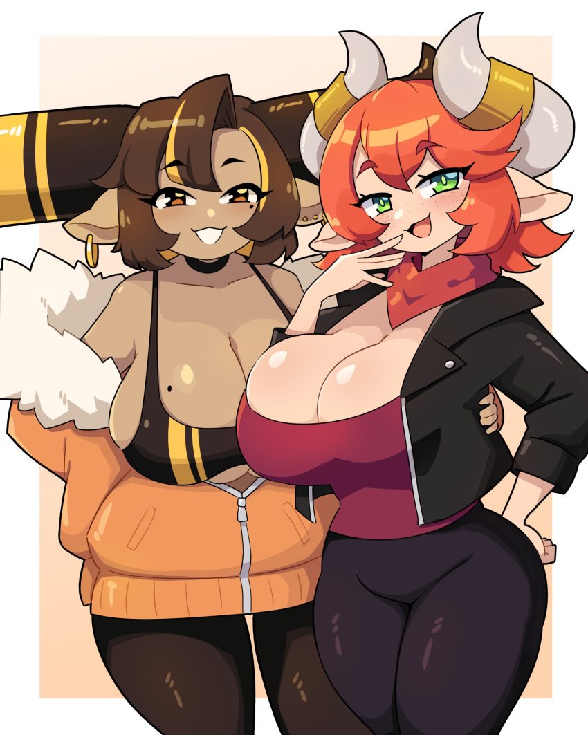 2girls bandana big_breasts big_horns brown_eyes brown_hair cleavage clothing commission cow_ears cow_horns dark-skinned_female draph draph_race_(granblue_fantasy) earrings female female_only freckles granblue_fantasy green_eyes hi_res horn_ring horns j5daigada looking_at_viewer mole mole_on_breast ophelia_(discreettemplar) orange_hair original original_character pica_(daigada) sideboob smiling smiling_at_viewer smug smug_face thick_thighs