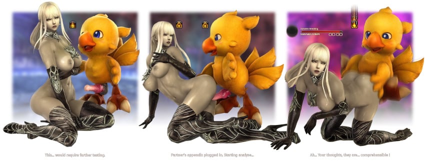 all_fours alpha_(ffxiv) avian bangs boots_only chicken chocobo collage doggy_style earrings edit elbow_gloves english_text exposed_shoulders feral_on_female feral_on_human final_fantasy final_fantasy_xiv functionally_nude gameplay_mechanics gloves_only gpose(ffxiv) grabbing_ass grabbing_from_behind grey_body grey_nipples grey_skin horse_penis interspecies metallic_clothing motion_blur mounted mounted_from_behind neckwear nipples omega-f omega_(final_fantasy) on_all_fours pink_eyes practically_nude shiny_skin side_sex silver_hair simple_background size_difference thigh_boots toned_female toned_stomach wet_skin white_hair xiversk zoophilia