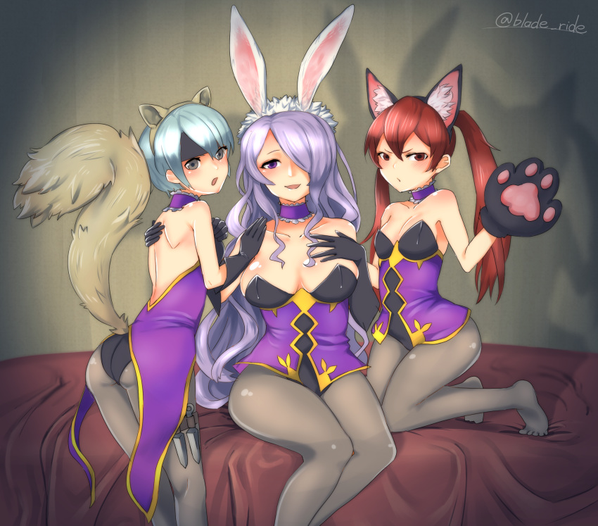 3girls angry animal_ears animal_tail bare_back bare_shoulders bareback barefoot bed beruka_(fire_emblem) blue_hair blush bunny_costume bunny_ears bunny_girl bunny_suit bunnysuit camilla_(fire_emblem) camilla_(spring)_(fire_emblem) cat_ears cat_girl cat_paws choker cleavage fire_emblem fire_emblem_fates fire_emblem_heroes grey_eyes hand_on_another's_shoulder hand_on_breast happy headband kneeling knife kunai large_breasts leggings long_hair official_alternate_costume on_bed open_mouth pantyhose princess purple_eyes purple_hair red_eyes red_hair selena_(fire_emblem_fates) short_hair shy silver_hair sitting small_breasts smile squirrel_ears squirrel_girl squirrel_tail standing twintails