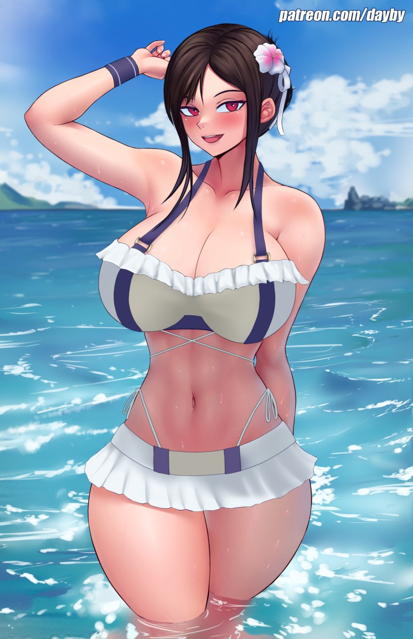 1girls bare_arms bare_legs bare_shoulders bare_thighs big_breasts bikini bikini_bottom bikini_top black_hair blush clothed clothing color dayby female female_focus female_only final_fantasy final_fantasy_vii final_fantasy_vii_rebirth final_fantasy_vii_remake hi_res large_breasts light-skinned_female light_skin long_hair looking_at_viewer red_eyes solo solo_female square_enix swimsuit tagme thick_thighs tifa_lockhart water