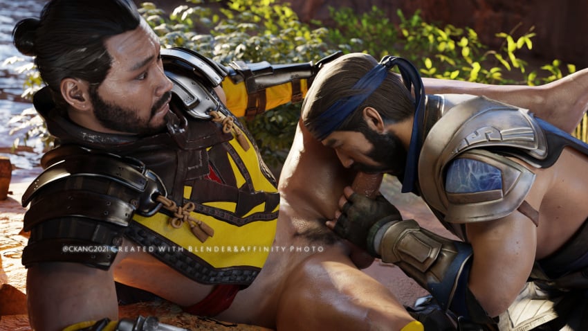 2boys 2humans 2males 3d 3d_(artwork) 3d_model beard black_hair ckang2021 gay gay_blowjob gay_sex hanzo_hasashi kuai_liang male/male male_focus male_only mortal_kombat mortal_kombat_11 netherrealm_studios ninja partially_clothed scorpion_(mortal_kombat) sub-zero tan-skinned_male tan_body tan_skin