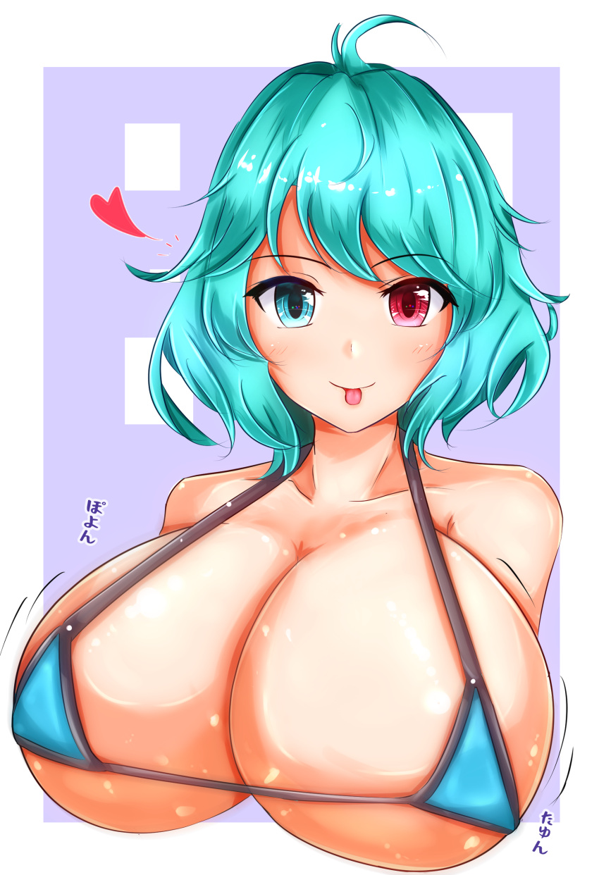 absurdres bad_id bad_pixiv_id big_breasts bikini bouncing_breasts breasts cleavage green_hair heart highres kogasa_tatara kurv_shiz looking_at_viewer micro_bikini multicolored_eyes purple_background short_hair simple_background solo sound_effects swimsuit tatara_kogasa tongue tongue_out touhou upper_body