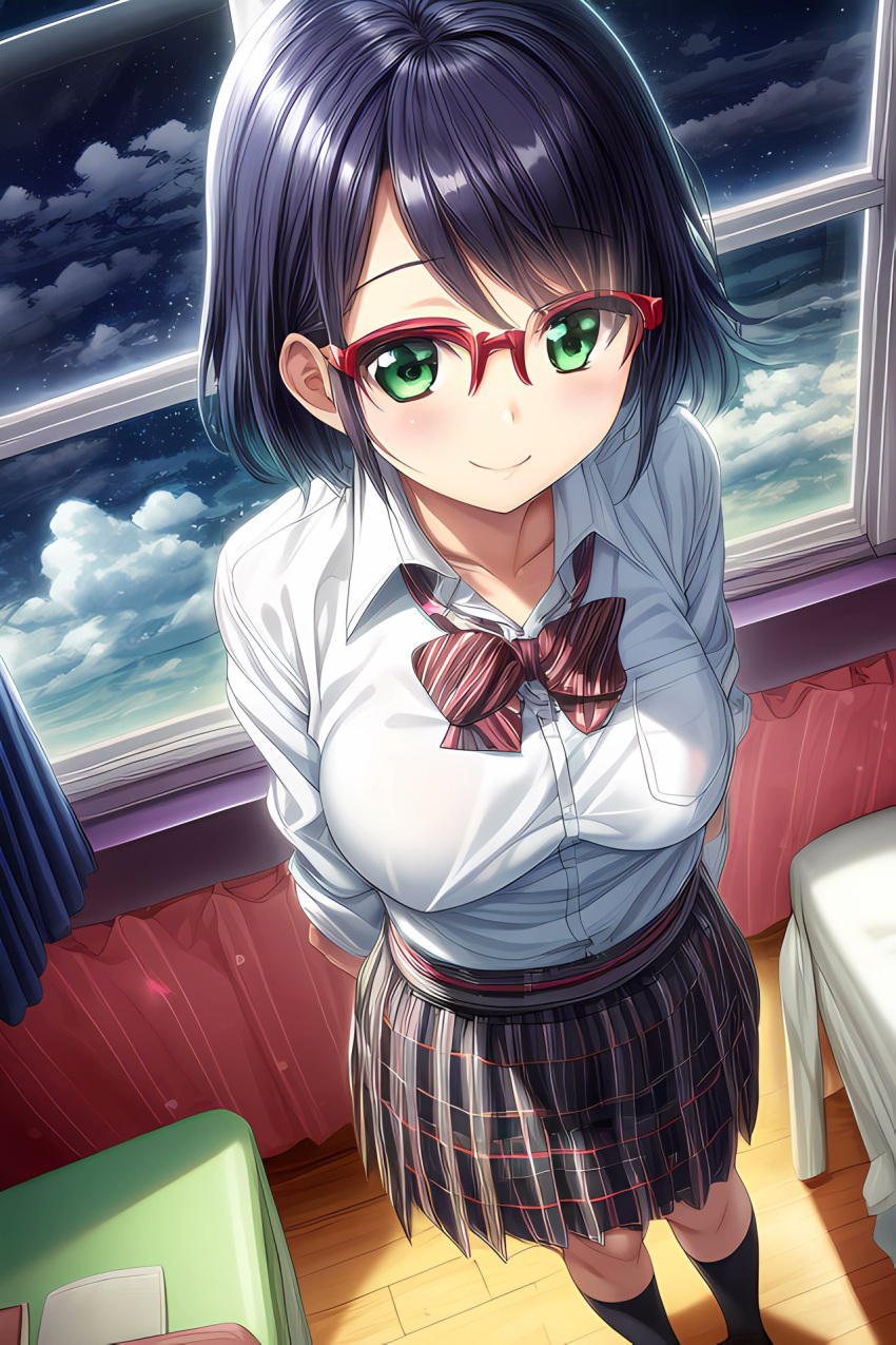 1girls ai_generated black_socks bowtie cyan_hijirikawa dark_blue_hair eyeglasses green_eyes rosenly sanrio school_girl school_uniform schoolgirl schoolgirl_uniform short_hair show_by_rock!! skirt socks solo