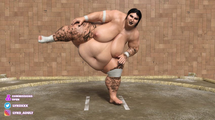 1girls 3d bbw belly big_belly black_hair breasts celebrity fat female female_sumo leg_lift lykoxxx muscular muscular_arms muscular_female nipples obese overweight real_person rhea_ripley strongfat sumo tattoo wwe