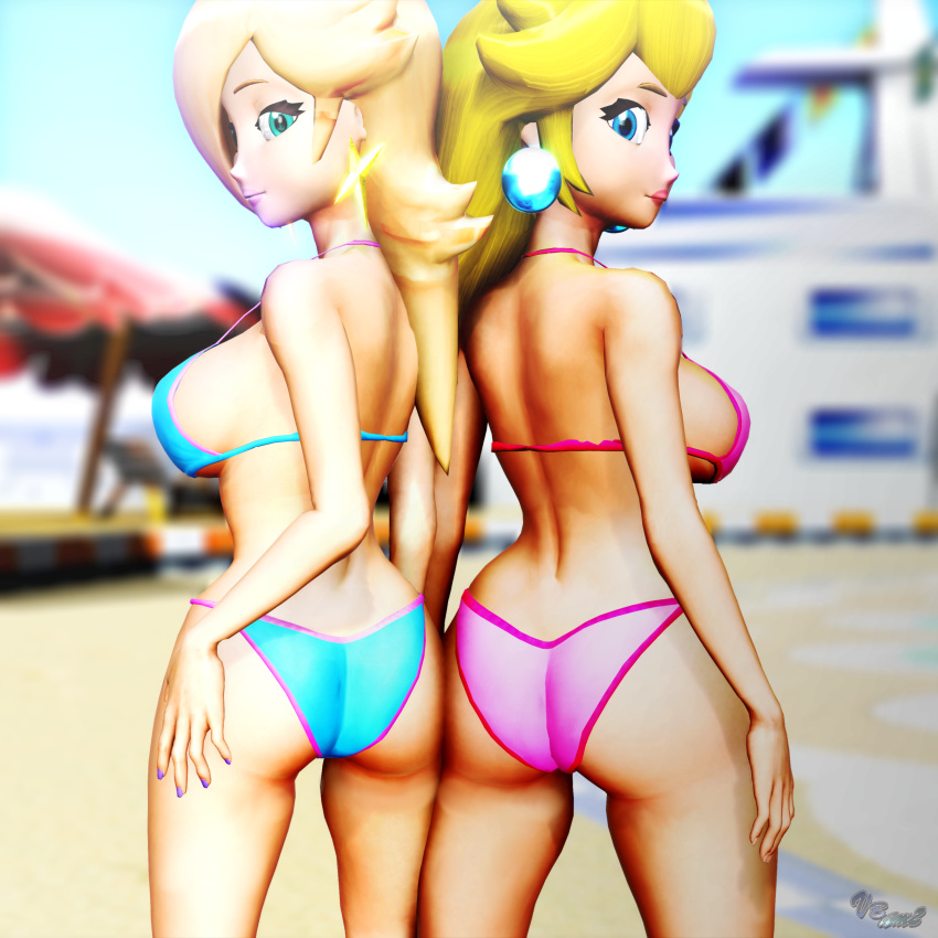 2girls 3d ass ass-to-ass big_ass big_breasts bikini blonde_hair blue_bikini blue_eyes breasts busty fat_ass female female_only hair_over_one_eye hand_on_leg hand_on_own_leg hand_on_own_thigh highres large_breasts legs long_hair looking_at_viewer looking_back mario_(series) multiple_girls navel nintendo pink_bikini pink_lips pose posing princess princess_peach princess_rosalina seductive seductive_smile sideboob smile swimsuit thick_thighs thighs virtualblueam2