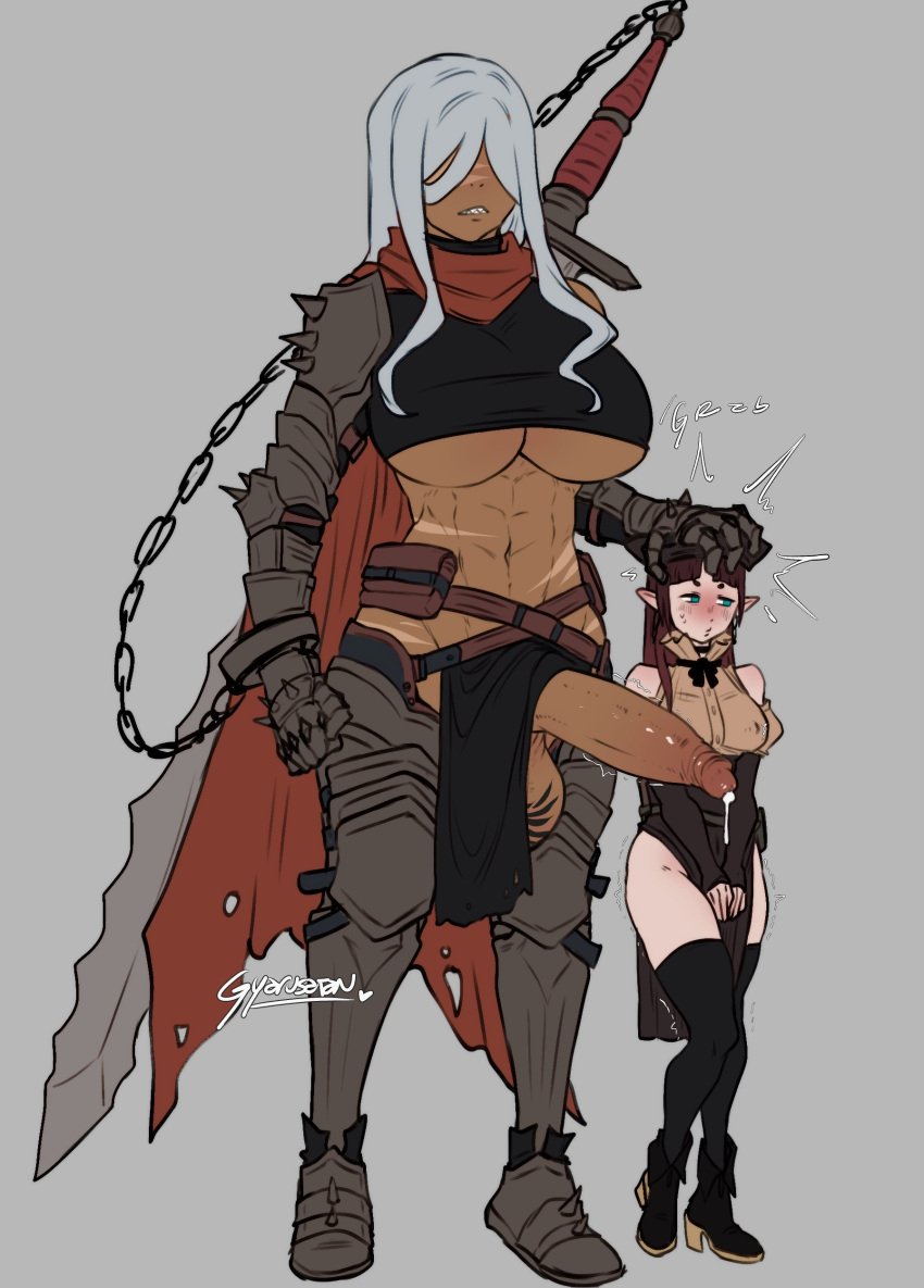 1futa 1girls armor balls big_balls big_breasts big_penis black_thighhighs blue_eyes blush breasts brown_hair clothed clothing cum_drip cum_leaking dark-skinned_futanari dark_skin duo elf elf_ears elf_female embarrassed erection female flustered fully_clothed futanari grey_background gyarusatan hair_between_eyes hand_on_another's_head height_difference hi_res huge_cock human humanoid larger_futanari light-skinned_female light_skin looking_away mara_(worstwarlock) mini_giantess mostly_clothed muscular muscular_futanari nina_(gyarusatan) penis sharp_teeth smaller_female standing thighhighs underboob white_hair