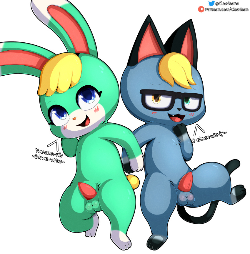 :3d absurd_res animal_crossing anthro balls blonde_hair blue_eyes blush cloudeon domestic_cat duo english_text felid feline felis fur genitals green_body green_fur grey_body grey_fur hair hand_holding heterochromia hi_res lagomorph leporid male mammal nintendo penis rabbit raymond_(animal_crossing) sasha_(animal_crossing) simple_background take_your_pick tapering_penis text url white_background